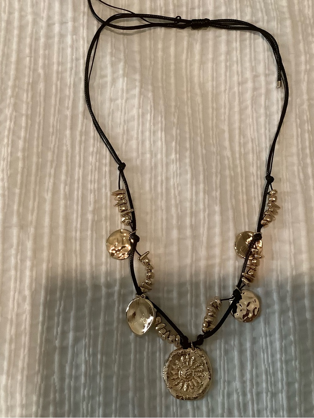 Gold Disc Pendant Necklace on Black Cord